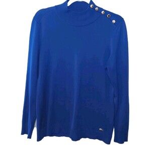 Calvin Klein Mock Neck Sweater Blue Gold Buttons Long Sleeve Rayon Knit Top Sz M
